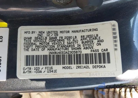 2010 Toyota Corolla Le z USA, uszkodzony, nr VIN 1NXBU4EE0AZ305870